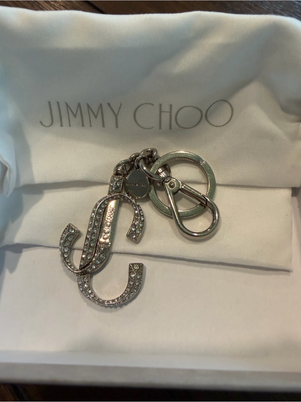 Jimmy Choo NIB Fairie Crystal-Embellished Logo Keyring Charm